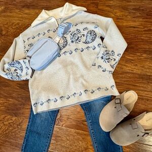 Rachel Zoe Blue and Cream Paisley 3/4 Zip Sweater - Size M - NEW